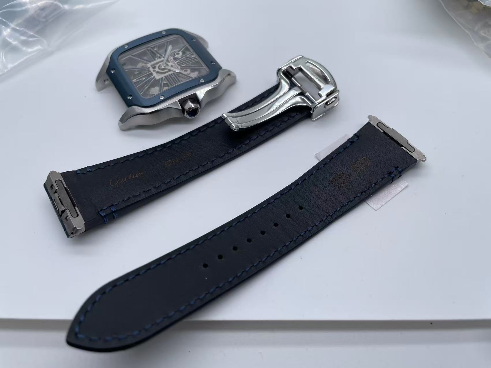 Santos Skeleton SS RICH 1:1 Best Edition Skeleton Dial Blue Bezel on Blue Leather Strap 9611MC Super Clone $698