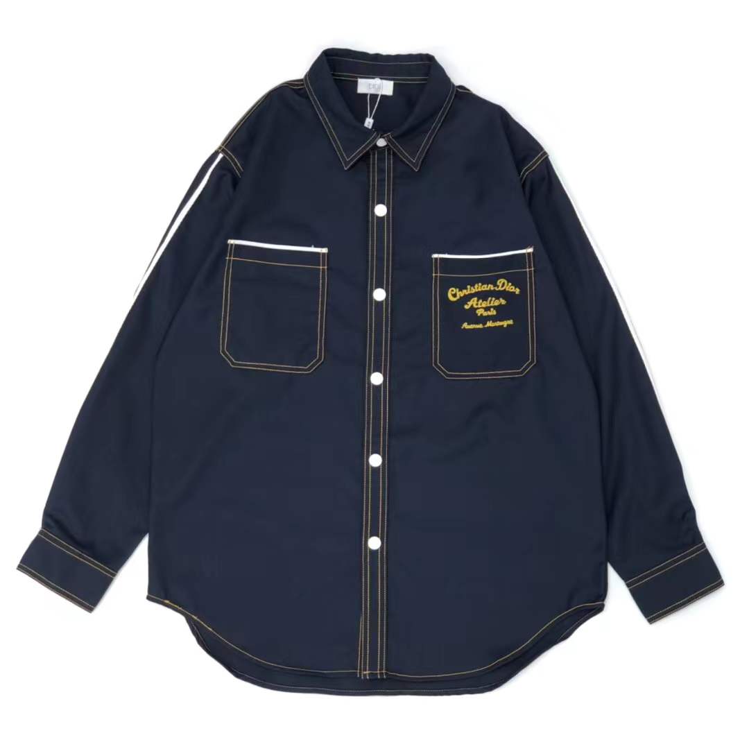 Dior Men 2022 'Christian Dior Atelier' denim shirt in blue with an embroidered accent and point collar