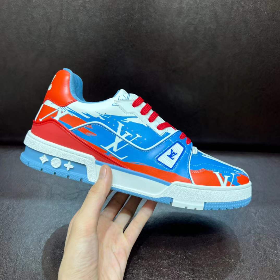LV Trainer #54 Graphic Print sneaker in a red, white, and blue colorway