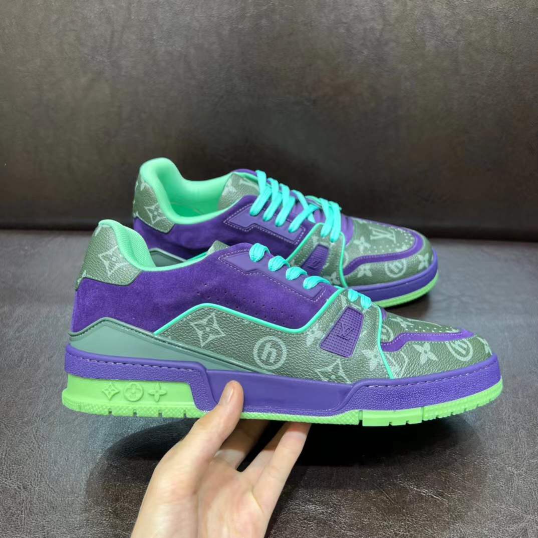 LV Trainer sneakers in a purple and green colorway