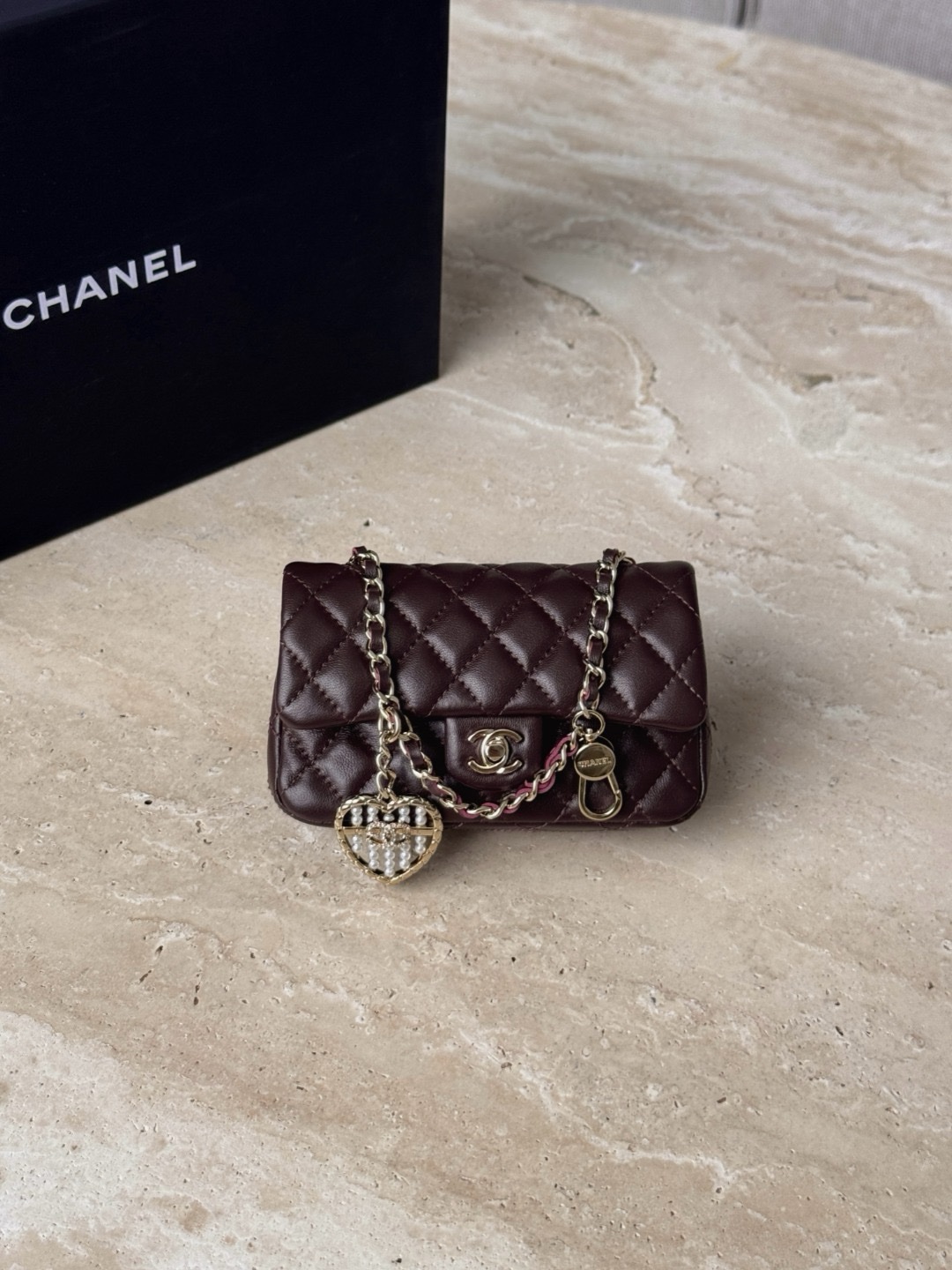 Chanel 10430 25A Classic Mini Flap Bag burgundy quilted lambskin leather Size 12.5x5x8cm