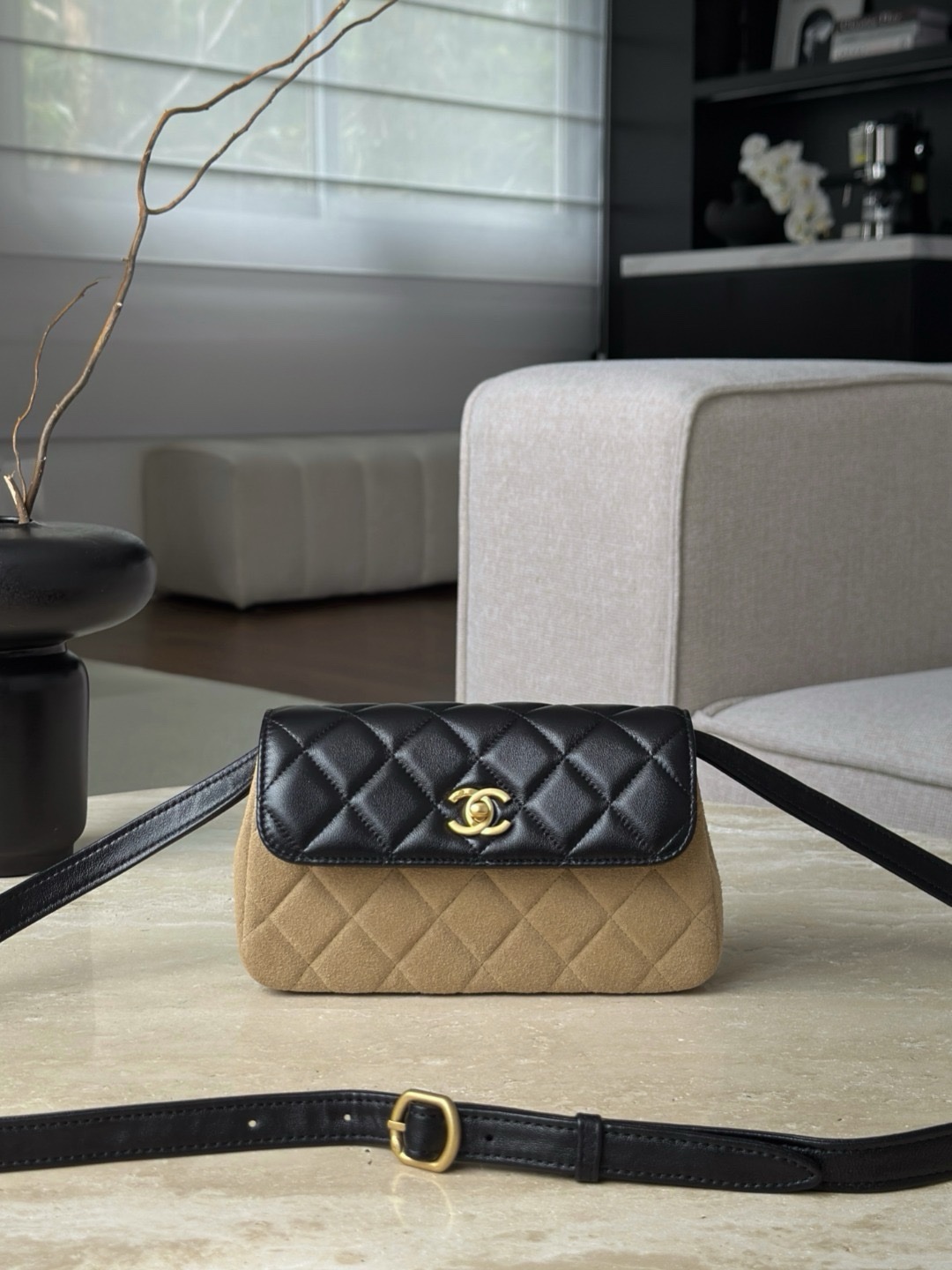 Chanel 25A suede color block horizontal version bag, potentially a Mini Flap Bag in black and dark beige suede calfskin Size 19.5×11.5x5cm