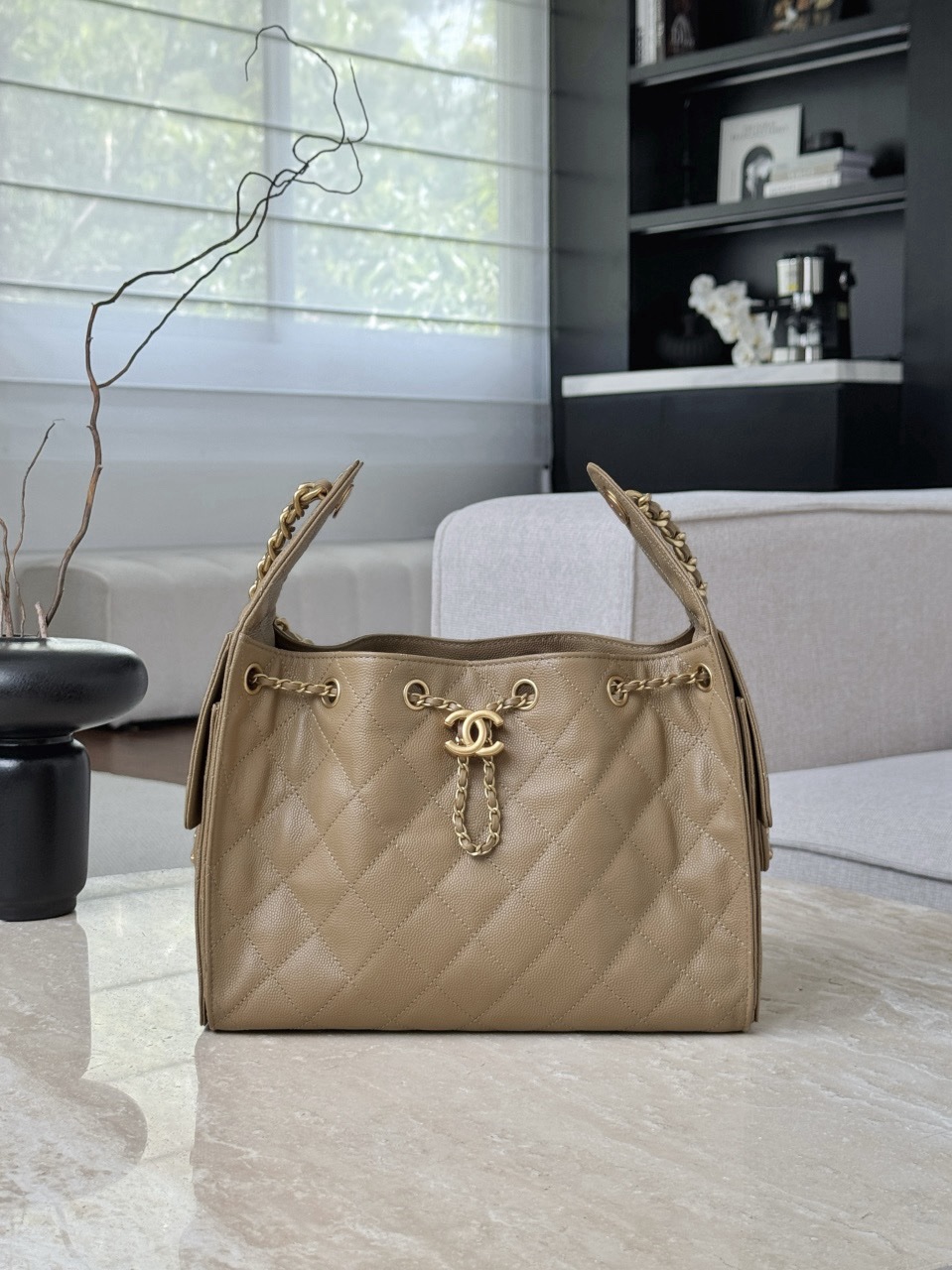 Chanel 25 small hobo bag in dark beige caviar leather with antique gold hardware Size 30x26x14cm