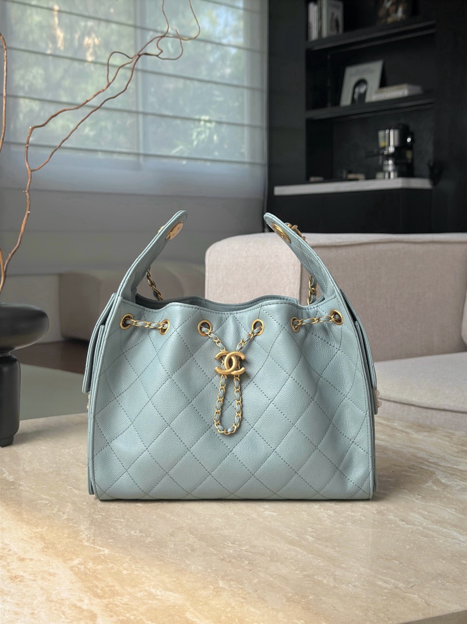 Chanel 25 small hobo handbag in light blue caviar (grained calfskin) leather with gold-tone metal hardware Size 30x26x14cm