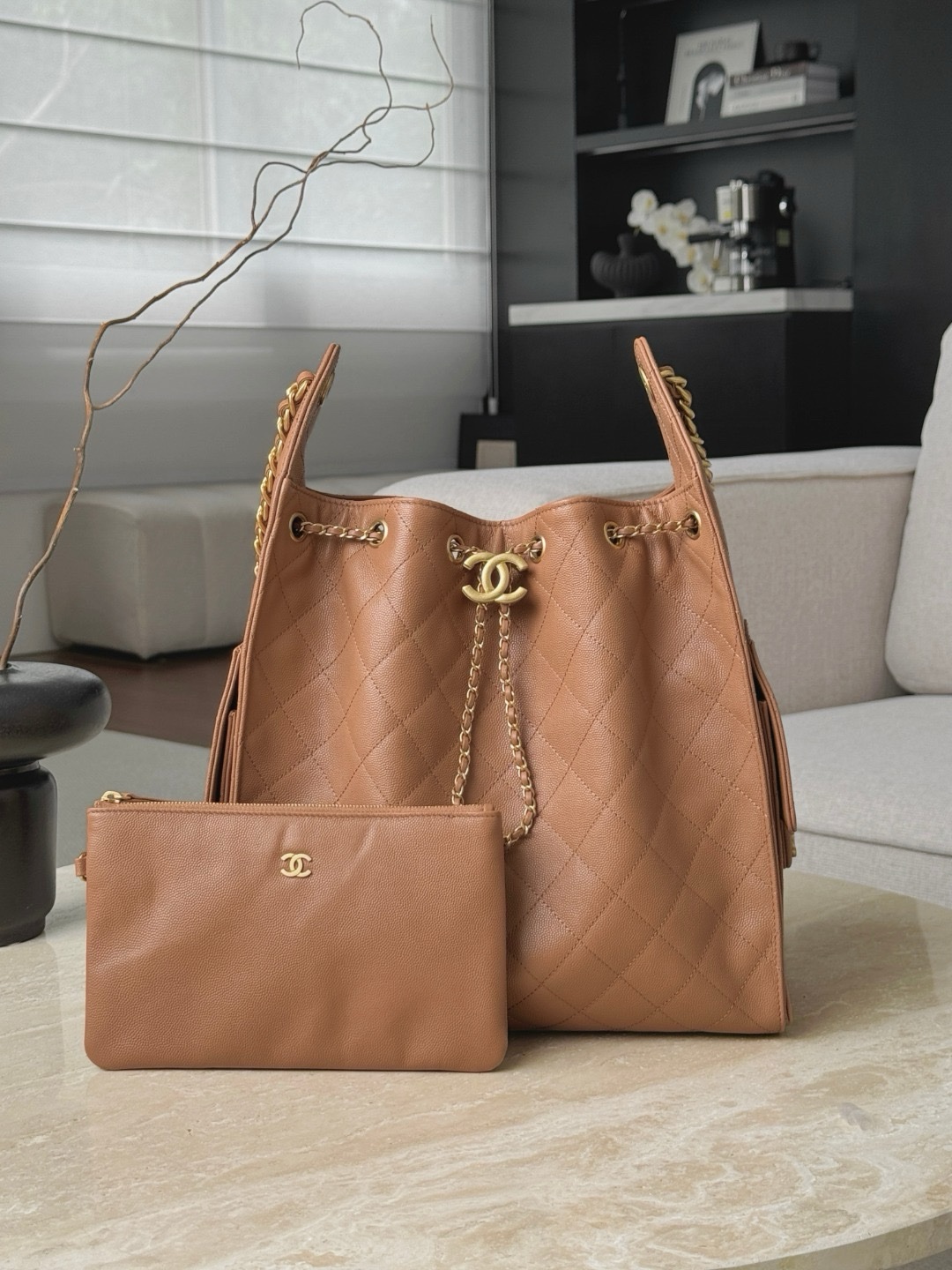 Chanel Bags Code 10398 25A Hobo Medium Size 30x40x15cm caramel or dark beige grained calfskin leather.
