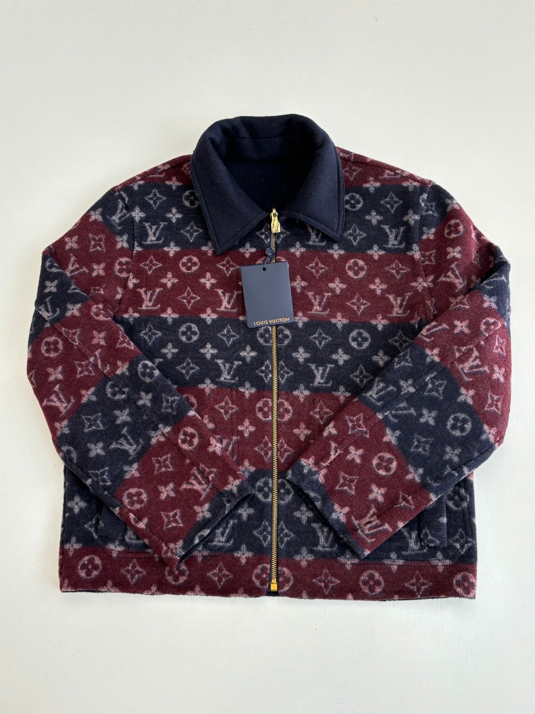 LV Double Face Reversible Workwear Blouson wool cashmere, and silk blend featuring a navy and burgundy Monogram Heritage jacquard pattern
