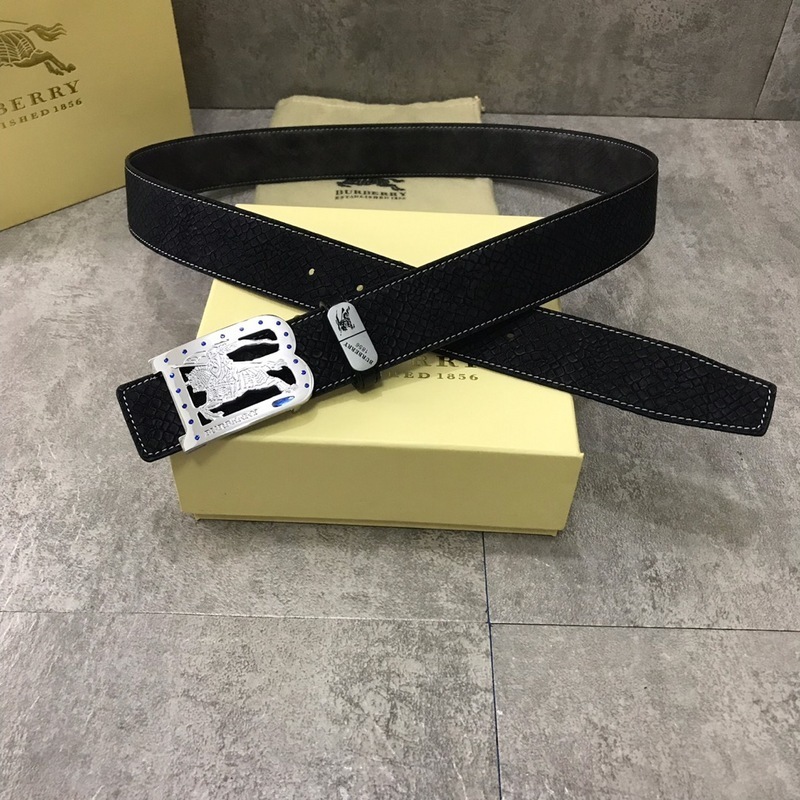 Burberry men's black leather belt with a palladium-plated B buckle.