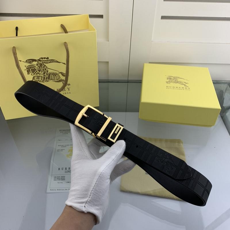 Burberry men's black leather belt with a gold-tone buckle.