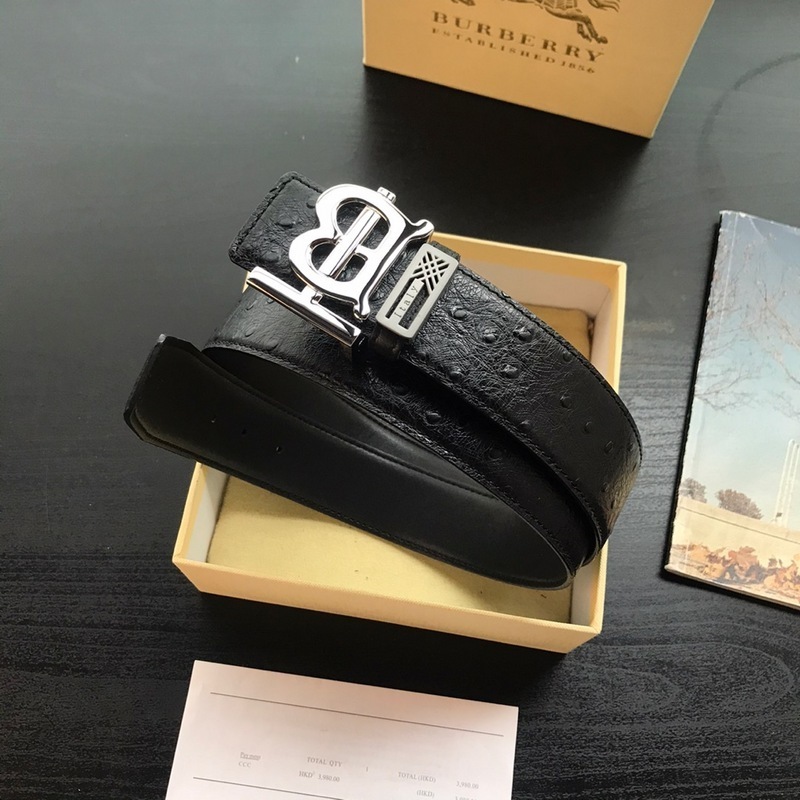 Burberry black leather belt with a silver-toned B-shaped buckle