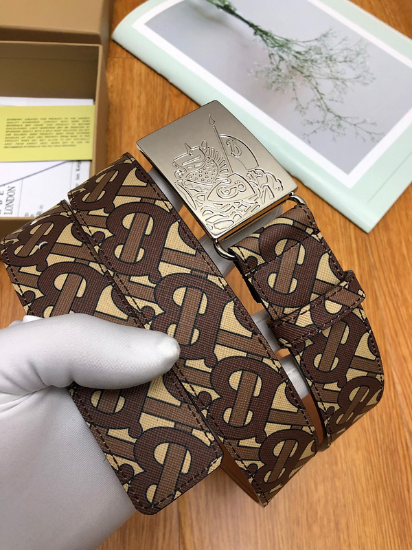 Burberry TB Monogram e-canvas and leather belt in bridle brown.