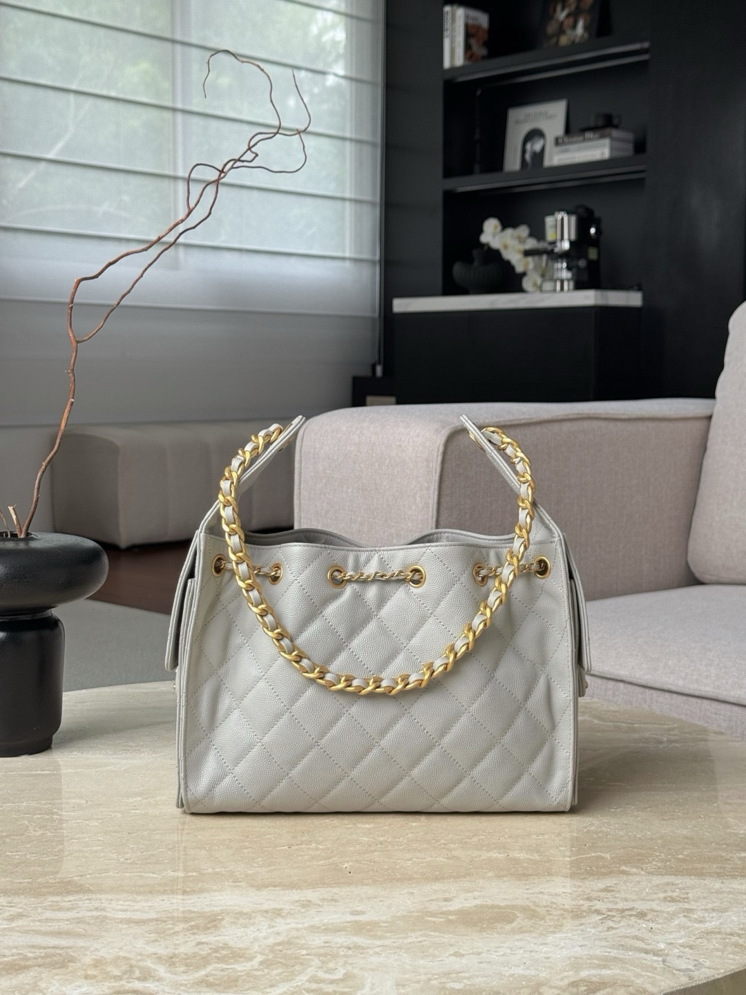 Chanel 25 Small Hobo Bag in light grey caviar leather with antique gold hardware Size 30x26x14cm