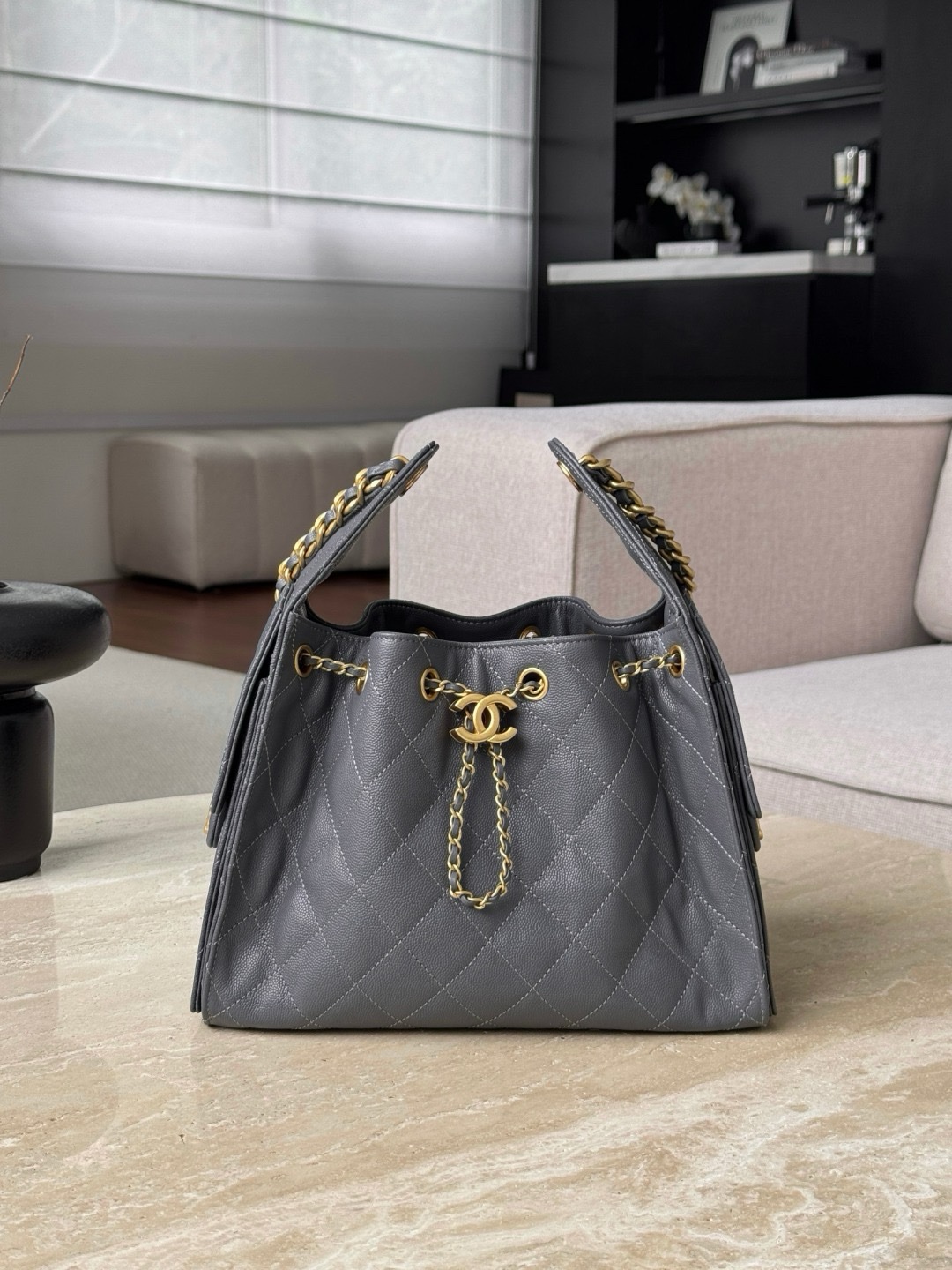 Chanel Bags Code 10354 25B Hobo  dark grey shiny caviar leather 30x26x14cm