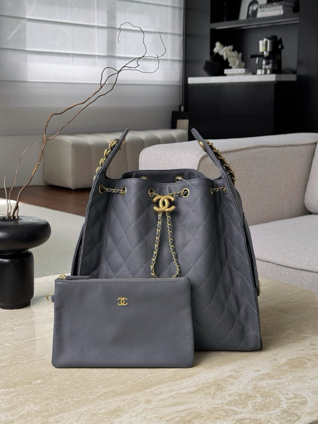 Chanel Bags Code 10353 25B Hobo grey grained calfskin with gold-tone metal hardware