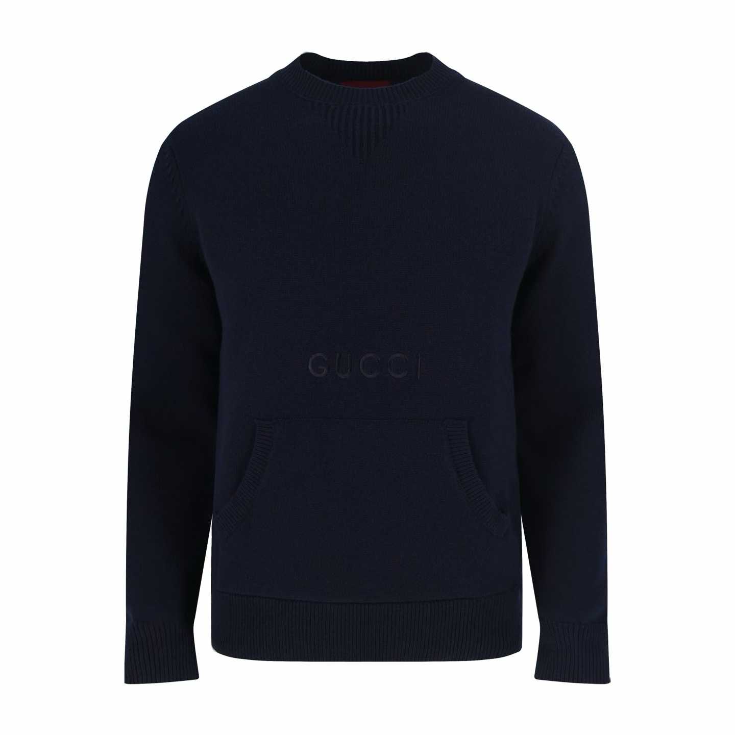 Gucci dark blue knit cotton wool sweater with intarsia
