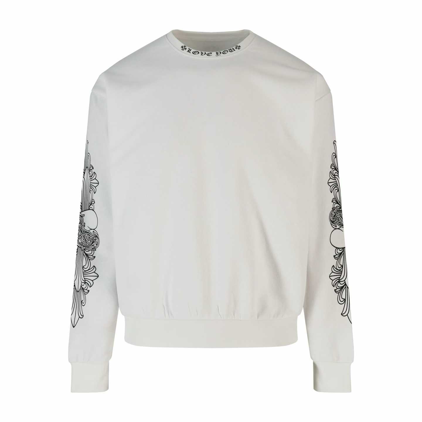 Chrome Hearts Love You Crewneck sweatshirt in white cotton with a floral heart print on the sleeves and "Love You" lettering on the neck