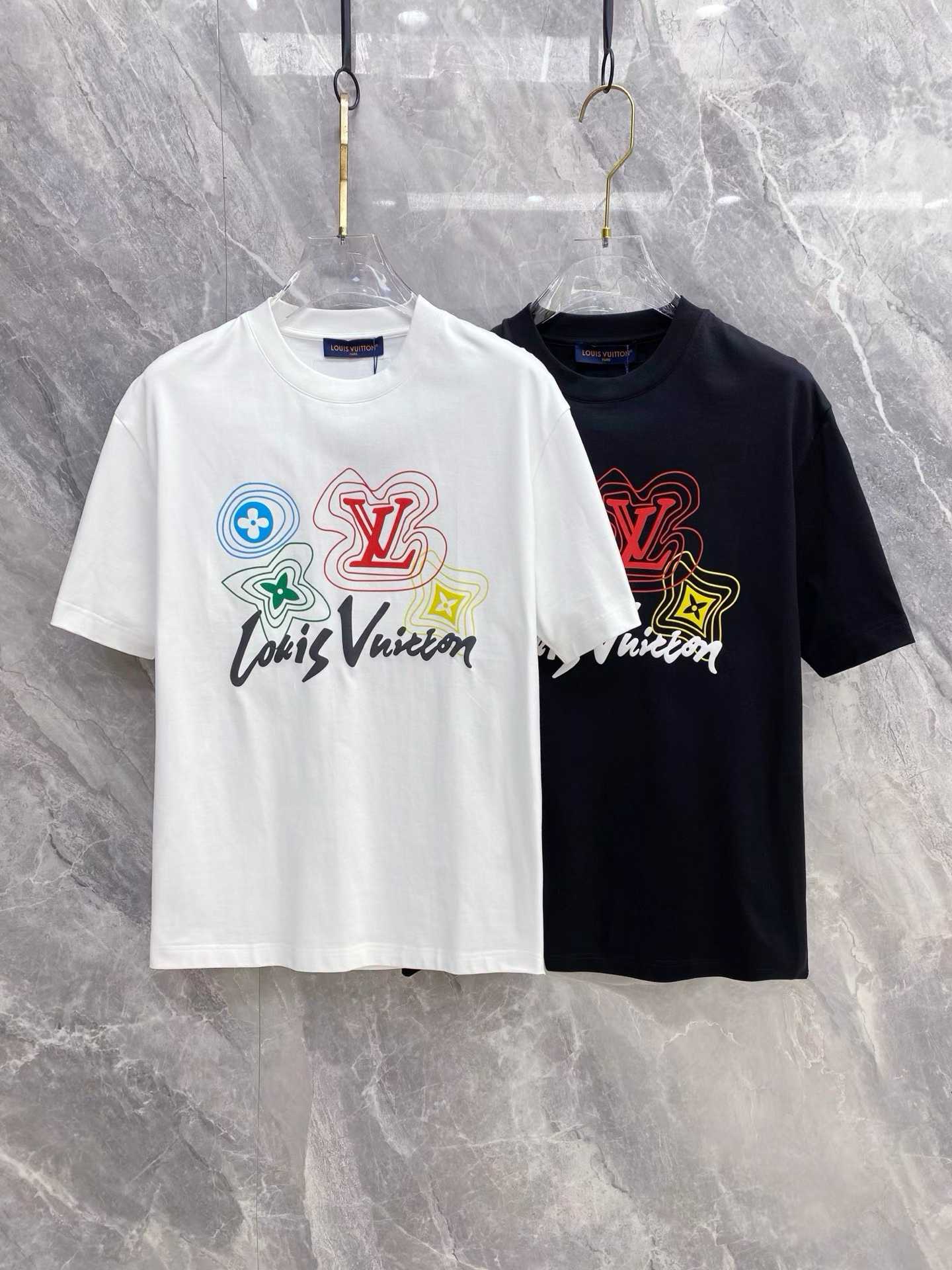 LV T-shirt with a multi-colored graphic logo and monogram symbols