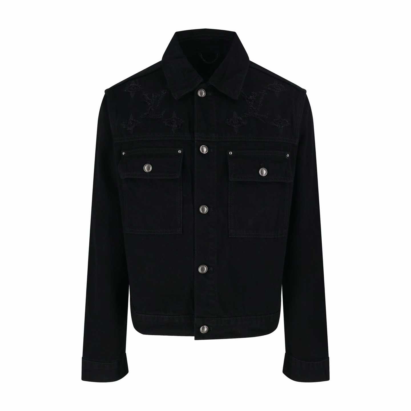 LV Monogram Destroy Denim Trucker Jacket in black.