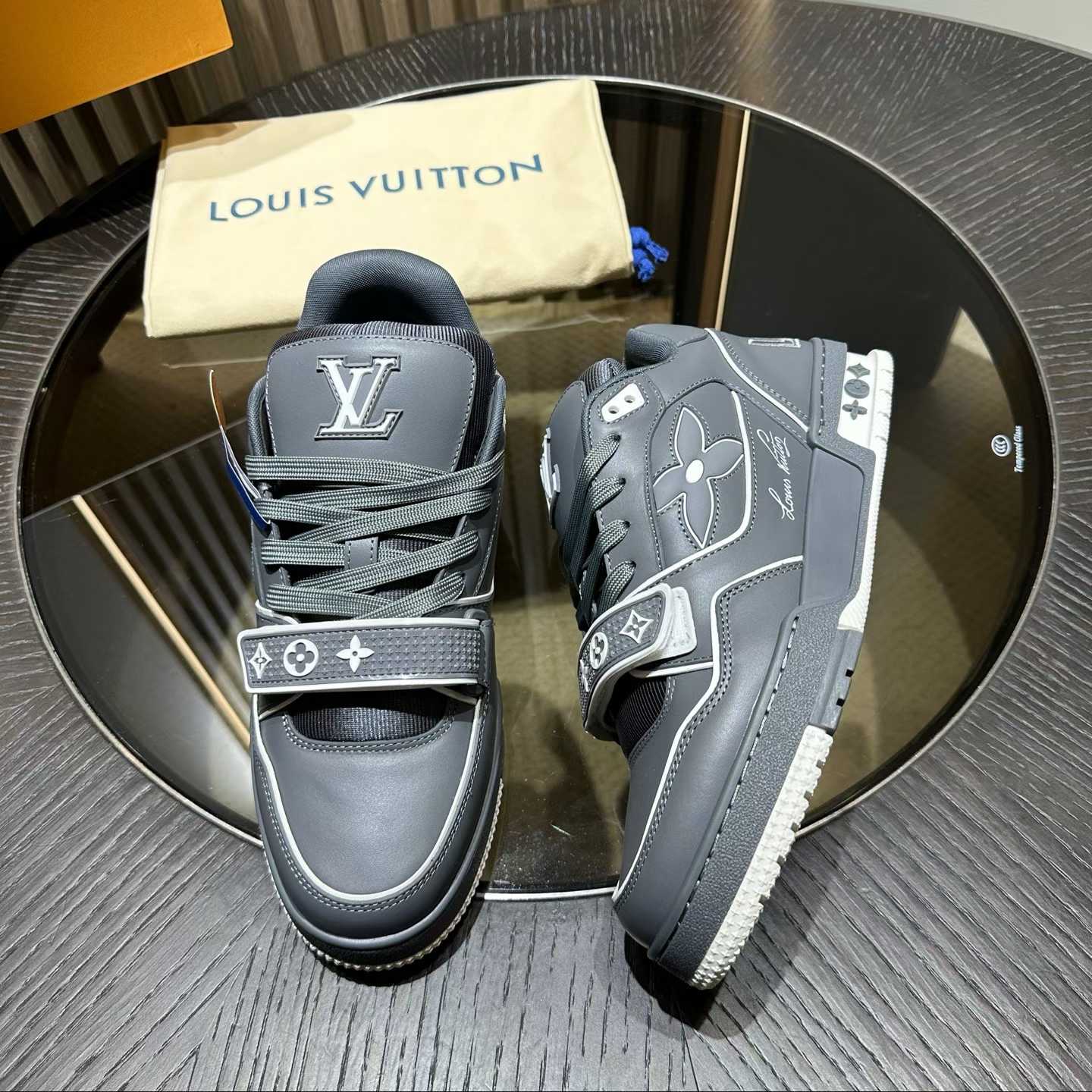 LV Trainer sneaker in grey nubuck calf leather with Monogram denim details