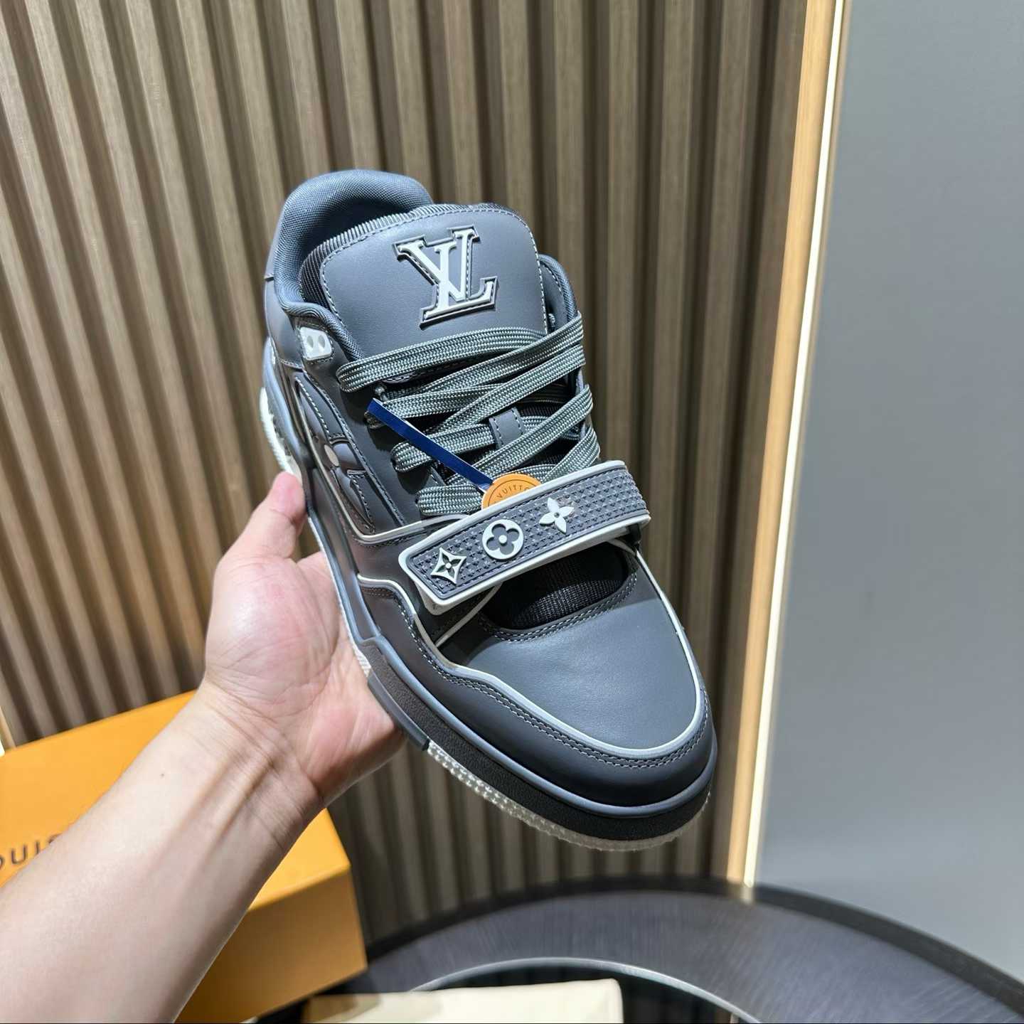 LV Trainer sneaker in grey nubuck calf leather with Monogram denim details