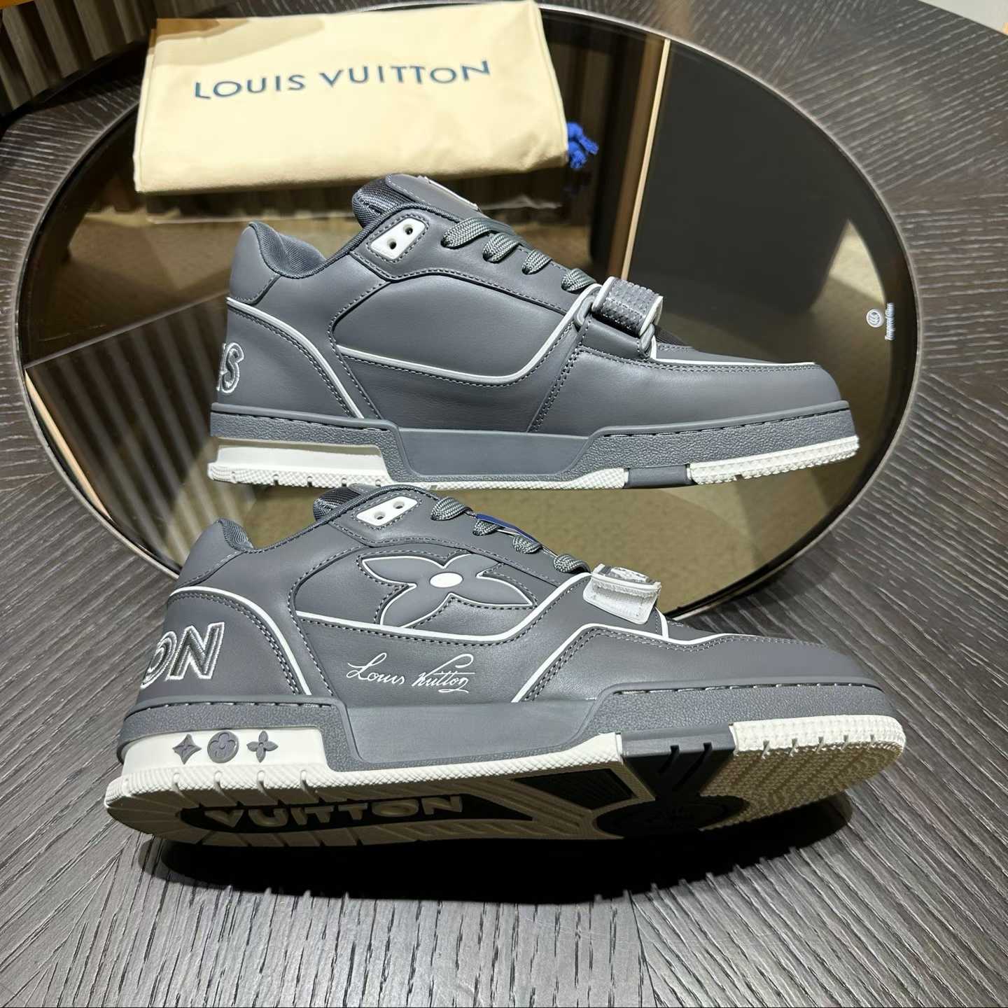 LV Trainer sneaker in grey nubuck calf leather with Monogram denim details