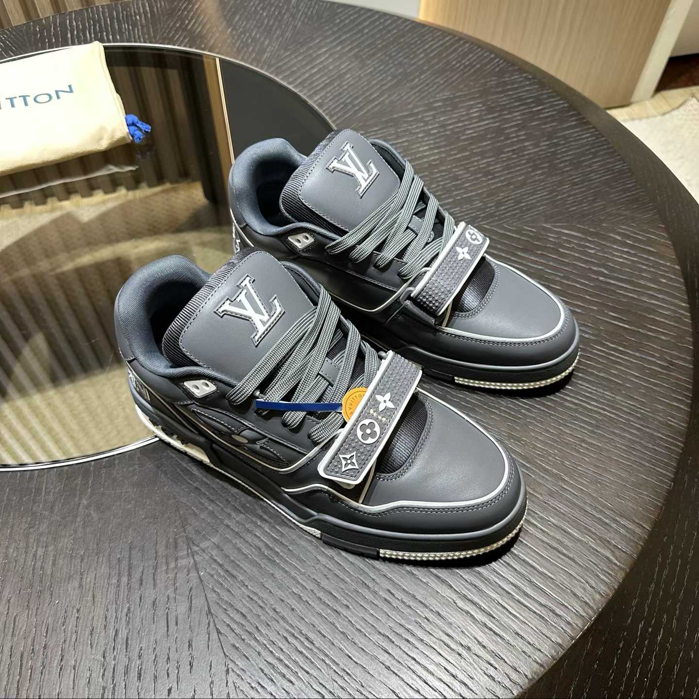 LV Trainer sneaker in grey nubuck calf leather with Monogram denim details