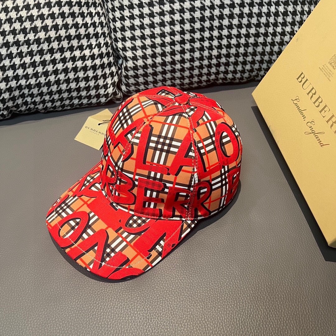 Burberry Graffiti Check Baseball Cap in red cotton