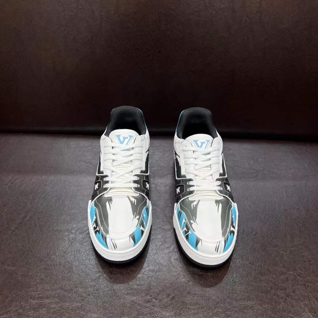 LV Trainer #54 Graphic Print sneakers in a white, black, and blue colorway