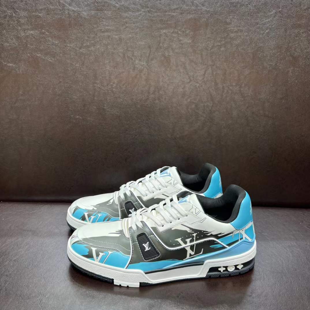 LV Trainer #54 Graphic Print sneakers in a white, black, and blue colorway