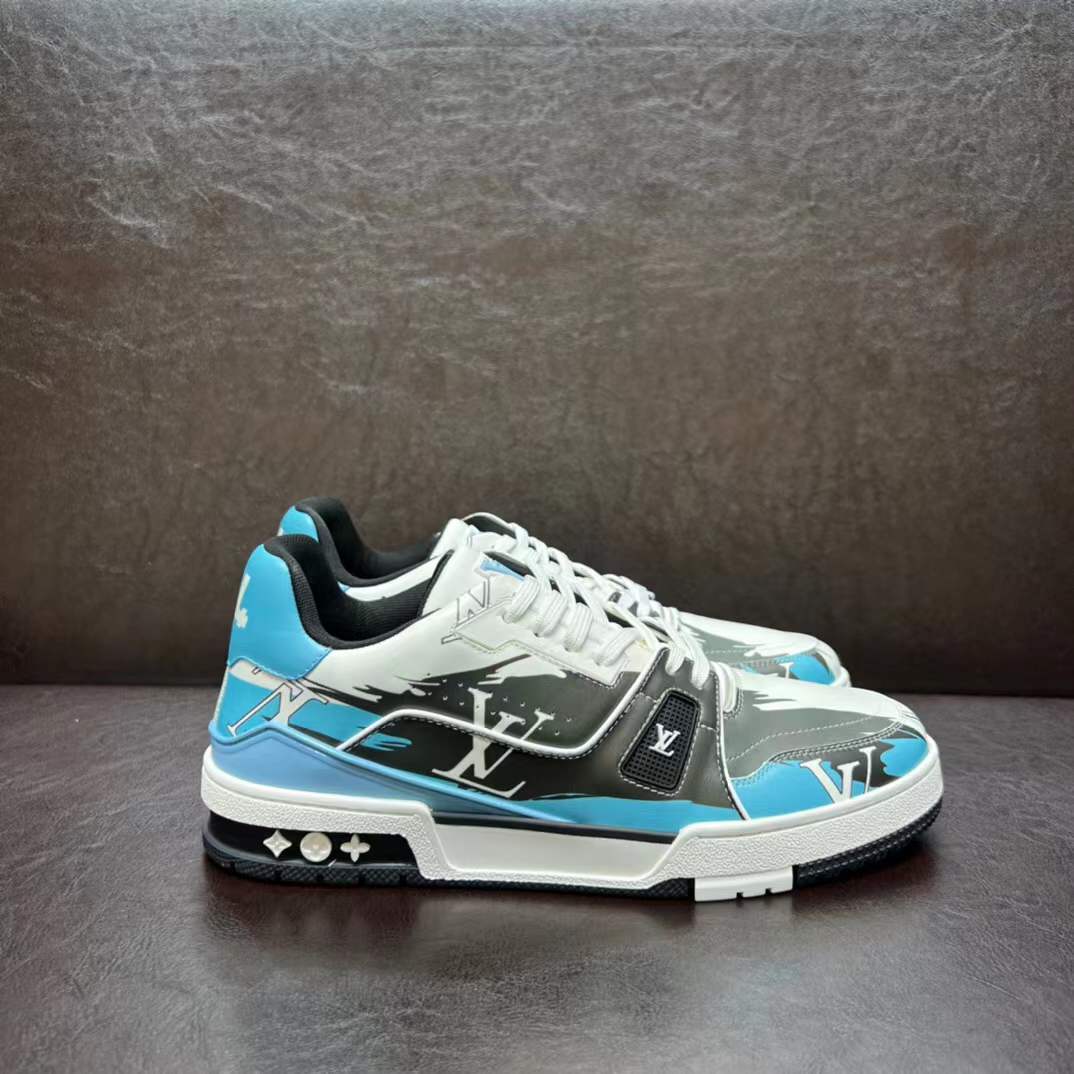 LV Trainer #54 Graphic Print sneakers in a white, black, and blue colorway