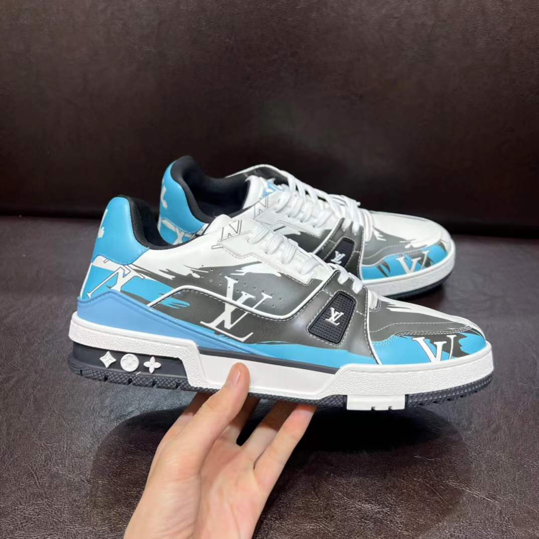 LV Trainer #54 Graphic Print sneakers in a white, black, and blue colorway