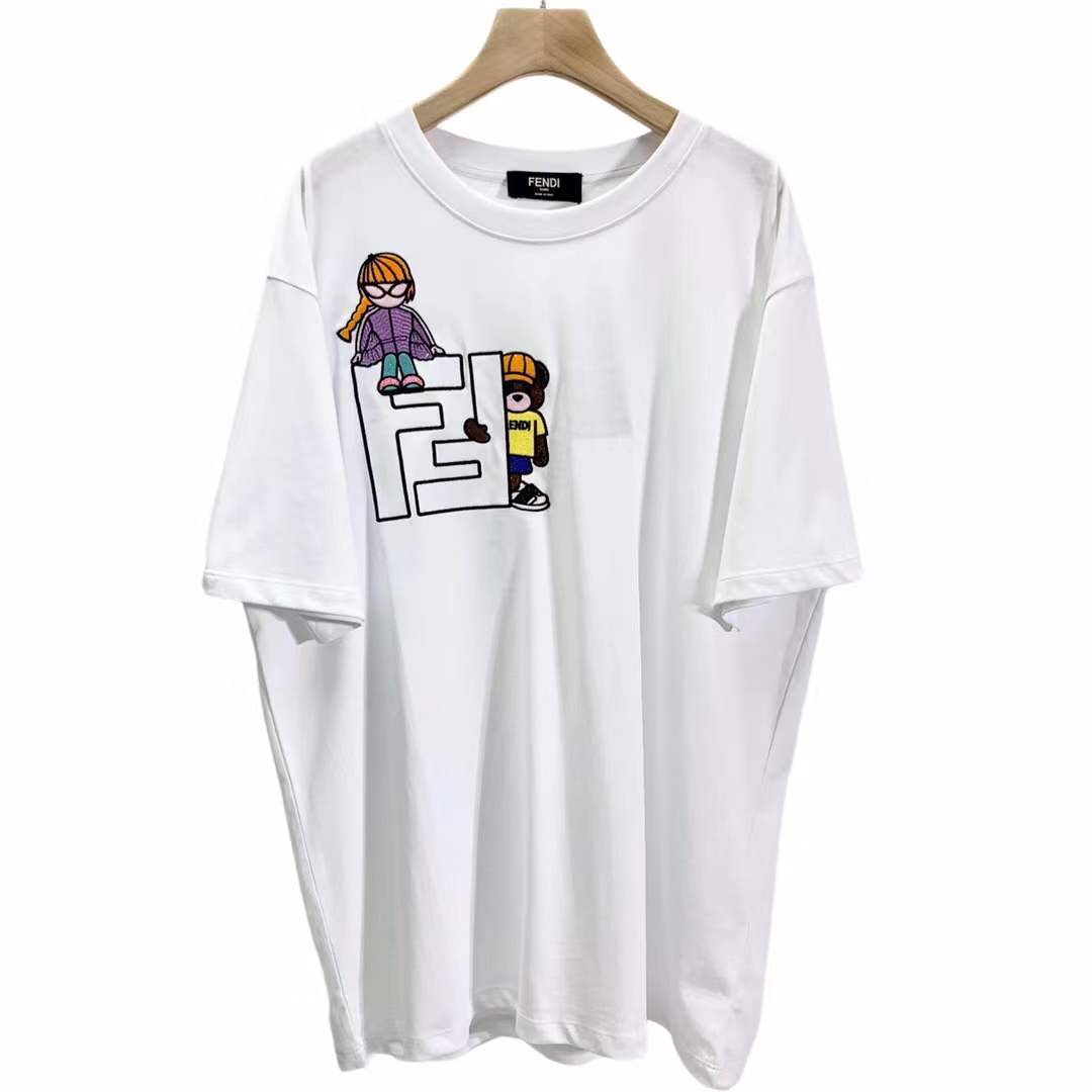 Fendi Kids white cotton T-shirt with a colorful graphic print and logo embroidery