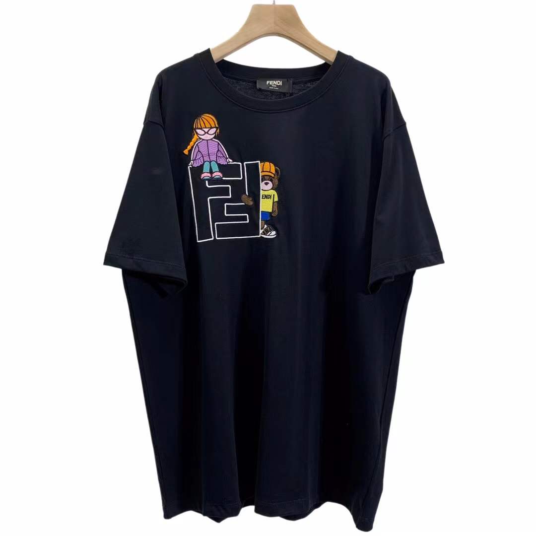Fendi Kids cotton t-shirt black with cartoon character graphics.