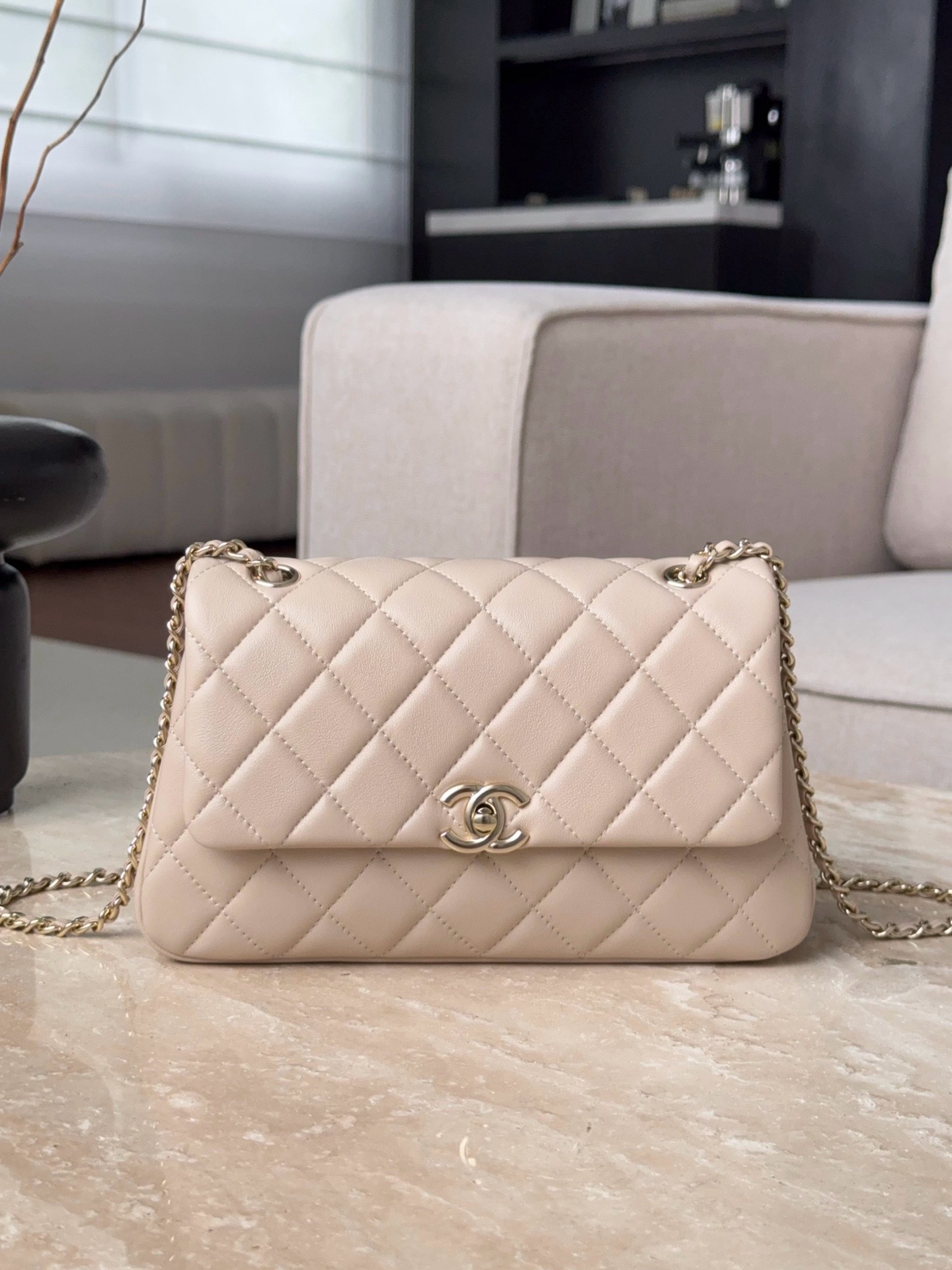 Chanel Bags Code 10323 25S Mini Classic Flap Bag light beige or cream quilted lambskin leather Size 14×22.5×5.8cm