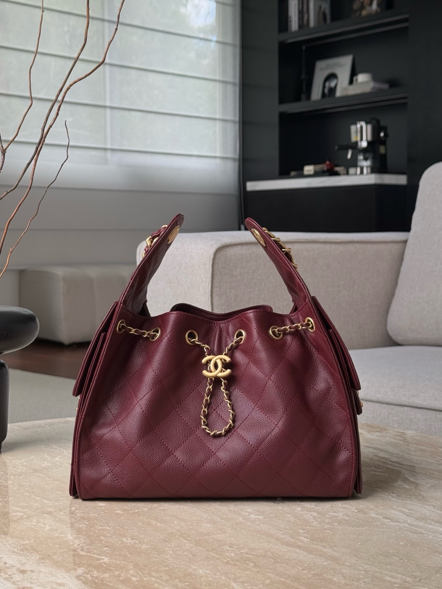 Chanel Small 25 Hobo Bag in burgundy caviar leather with antique gold hardwareCode 10312 25S Hobo Size 26x30x14cm