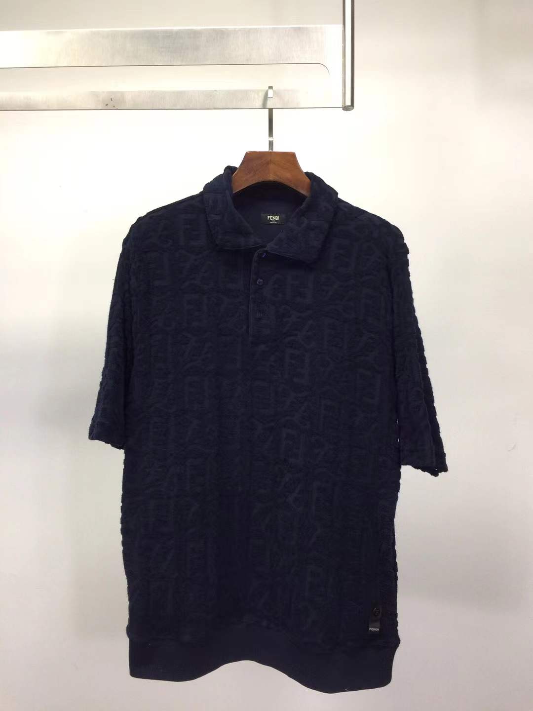 Fendi Dark Blue Terry Fabric Polo Shirt with tonal FF embroidery