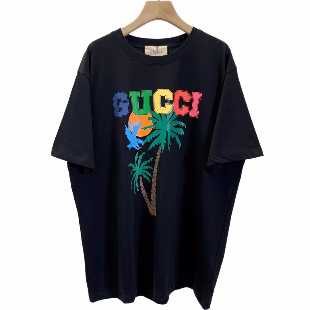 Gucci Palm Tree Graphic Print T-Shirt in navy cotton