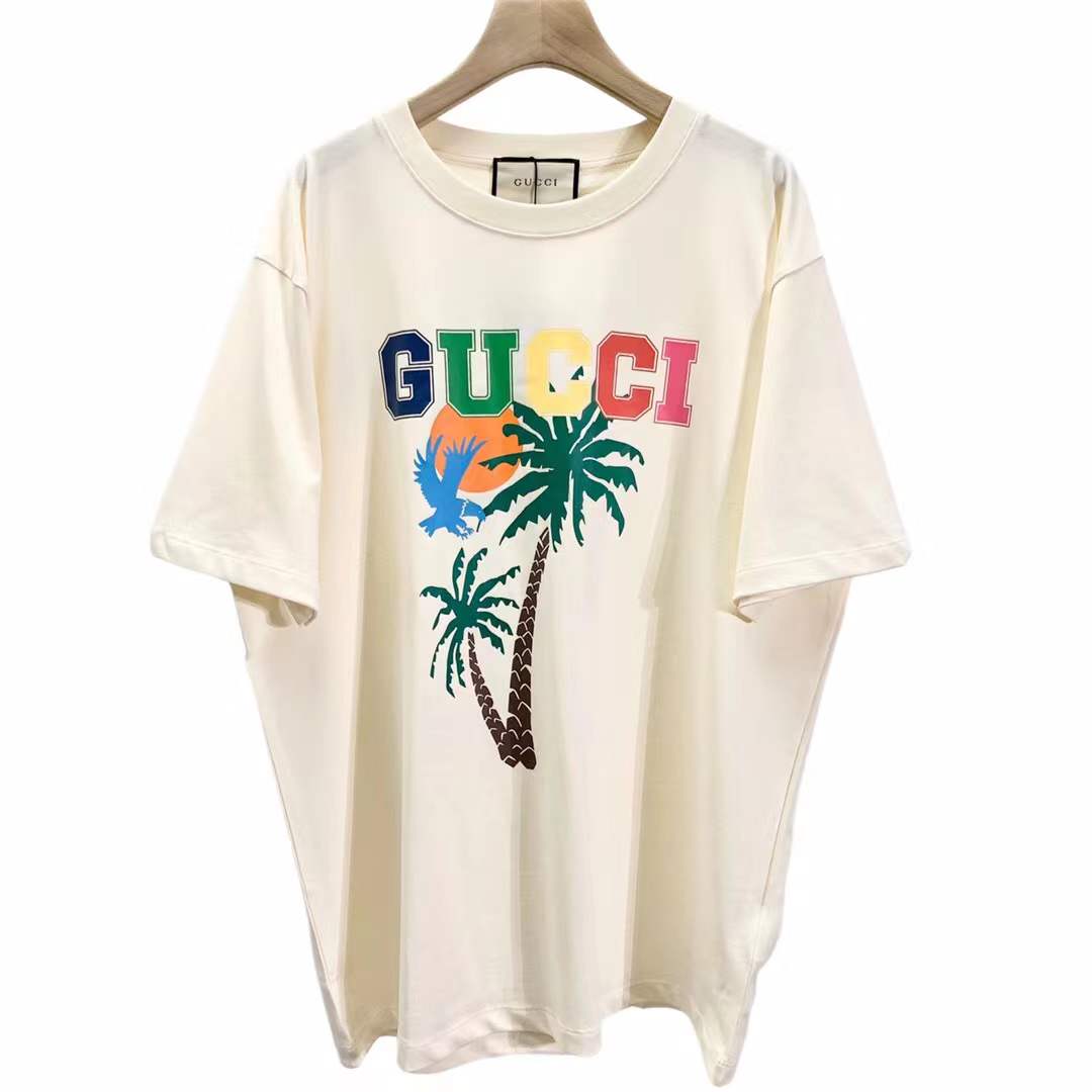 Gucci Palms T-shirt in white cotton jersey with a multicolor fantasy print