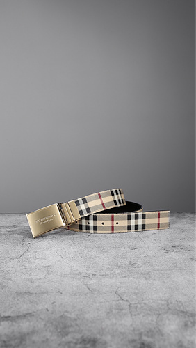 Burberry check e-canvas belt in archive beige with a gold-plated plaque buckle