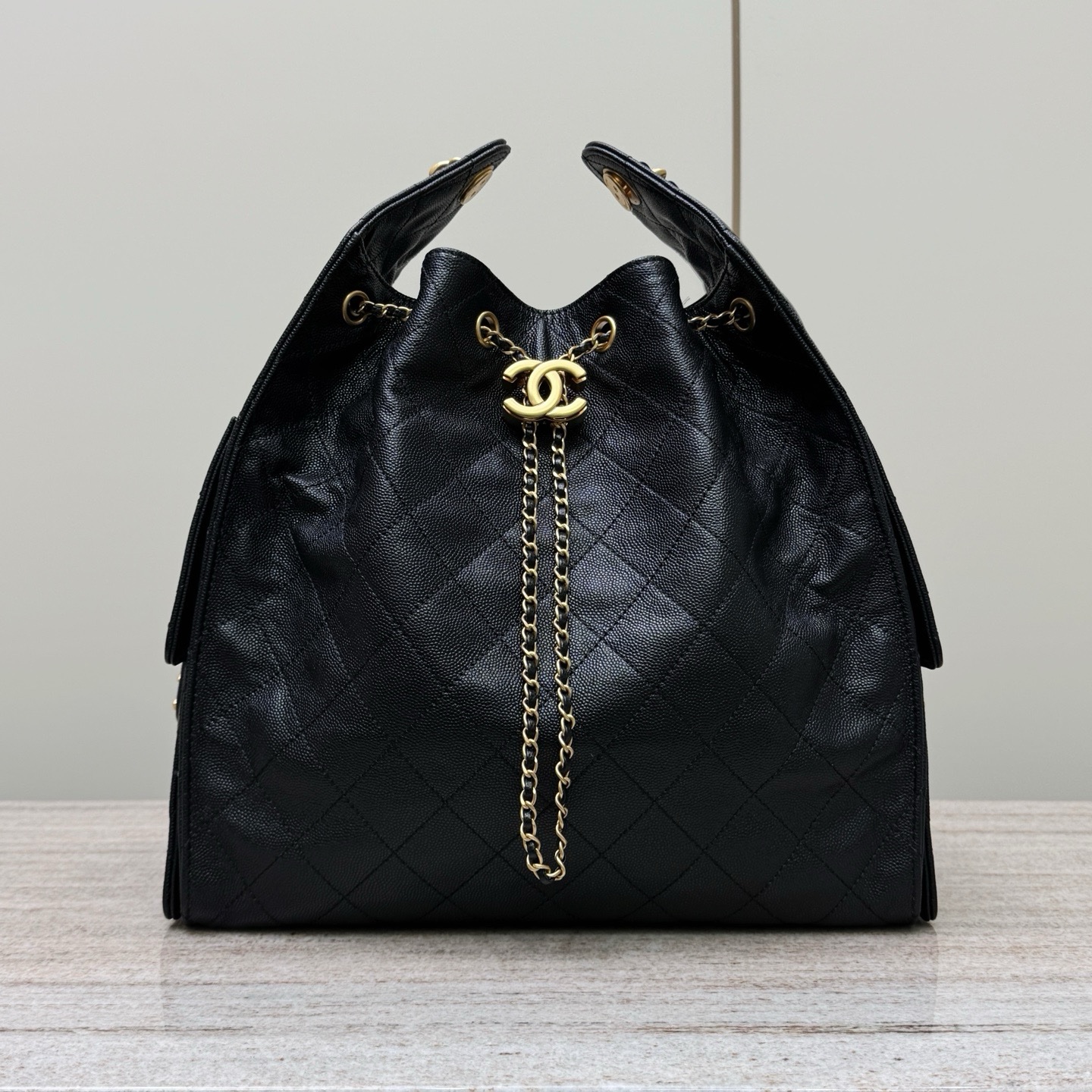 Chanel Code 10295 25S Hobo handbag black grained calfskin leather with gold-tone metal hardware Size 40x30x15cm