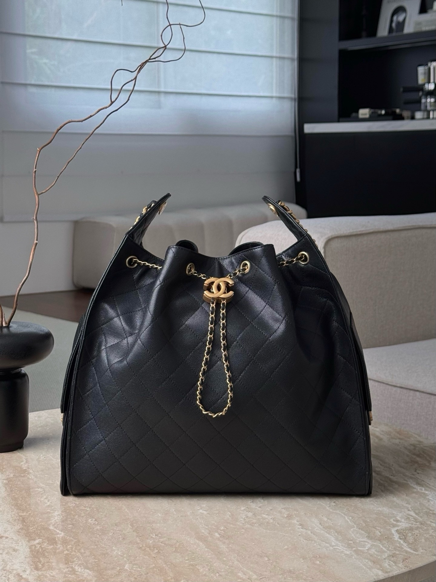 Chanel Code 10294 25S Hobo handbag black grained calfskin leather with gold-tone metal hardware Size 40x36x15cm