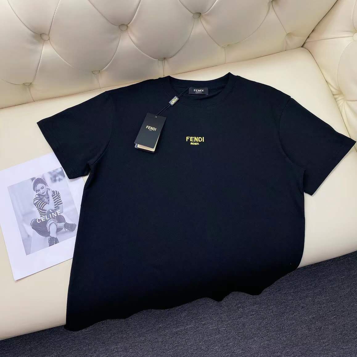 Fendi cotton crewneck T-shirt with a small gold or yellow logo on the chest