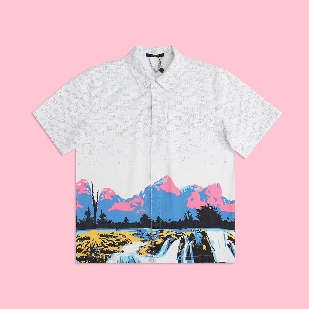LV Landscape short-sleeved denim shirt in multicolor cotton