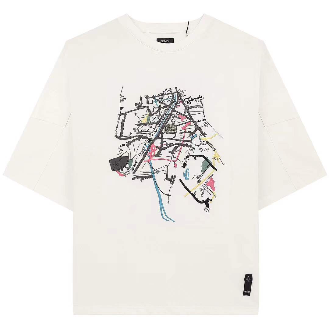 Fendi Kids white cotton t-shirt with a multicolored Rome map embroidery and print.