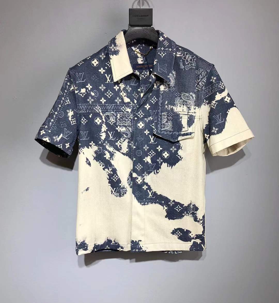 LV Monogram Bandana Short-Sleeved Denim Shirt in the indigo/white colorway.