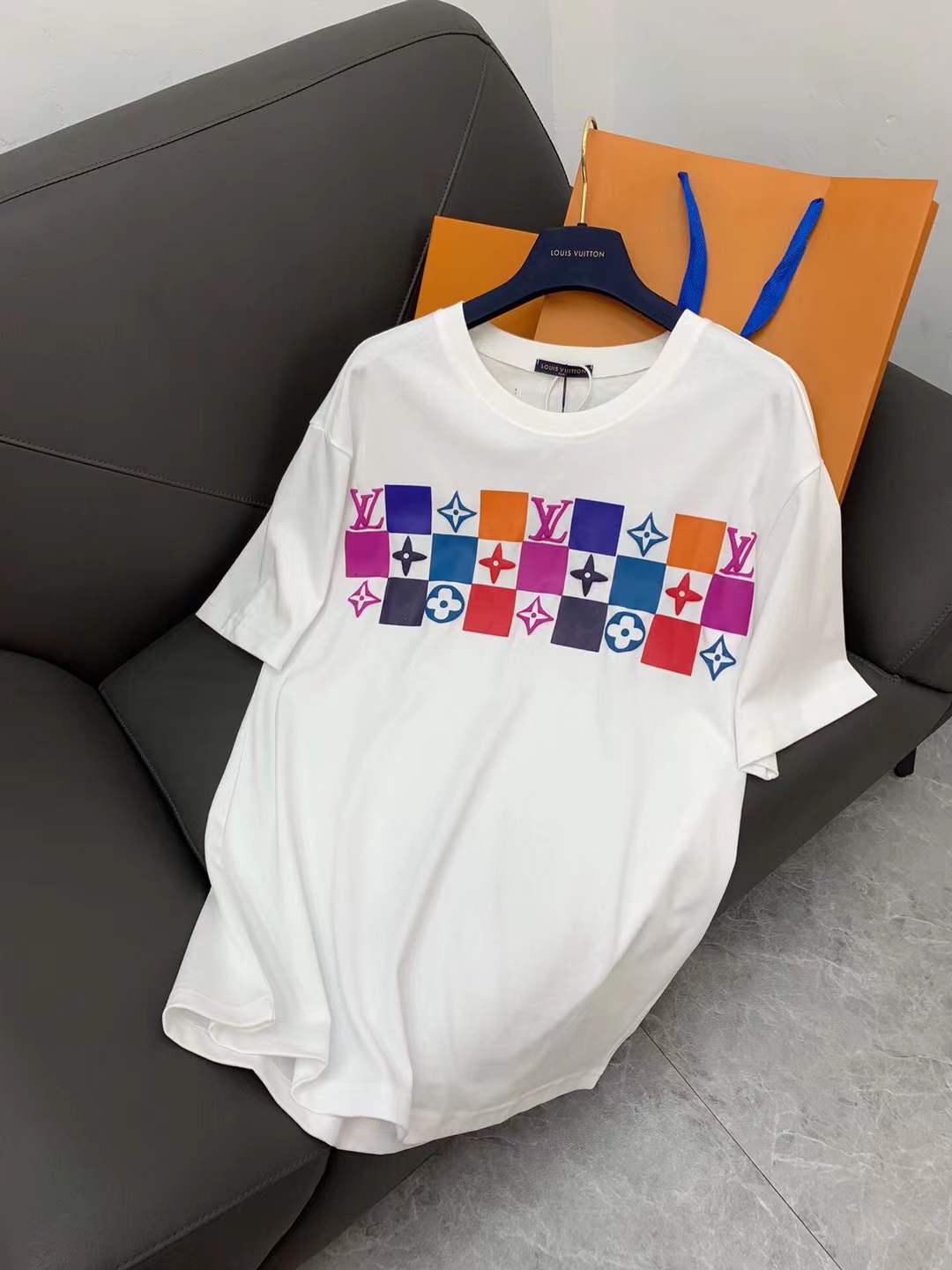 LV Multicolor Logo Checkered T-Shirt in white cotton.