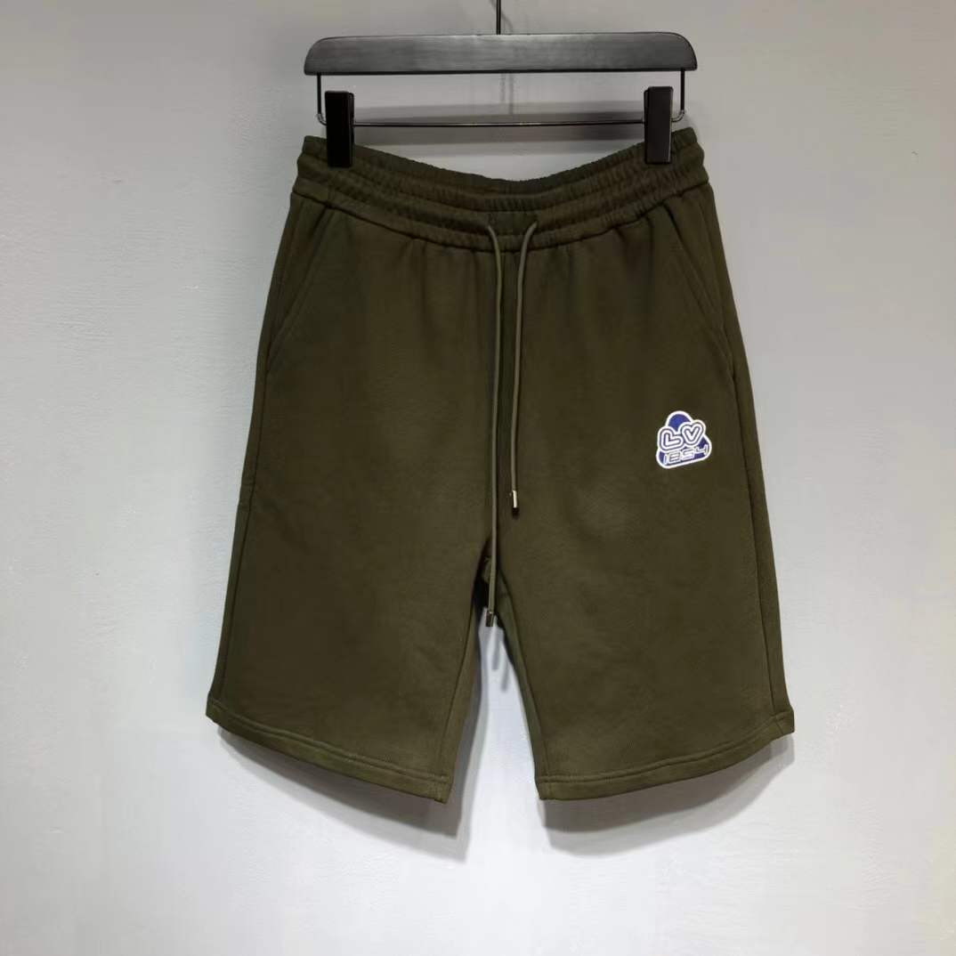 LV olive green drawstring shorts with a small embroidered logo patch