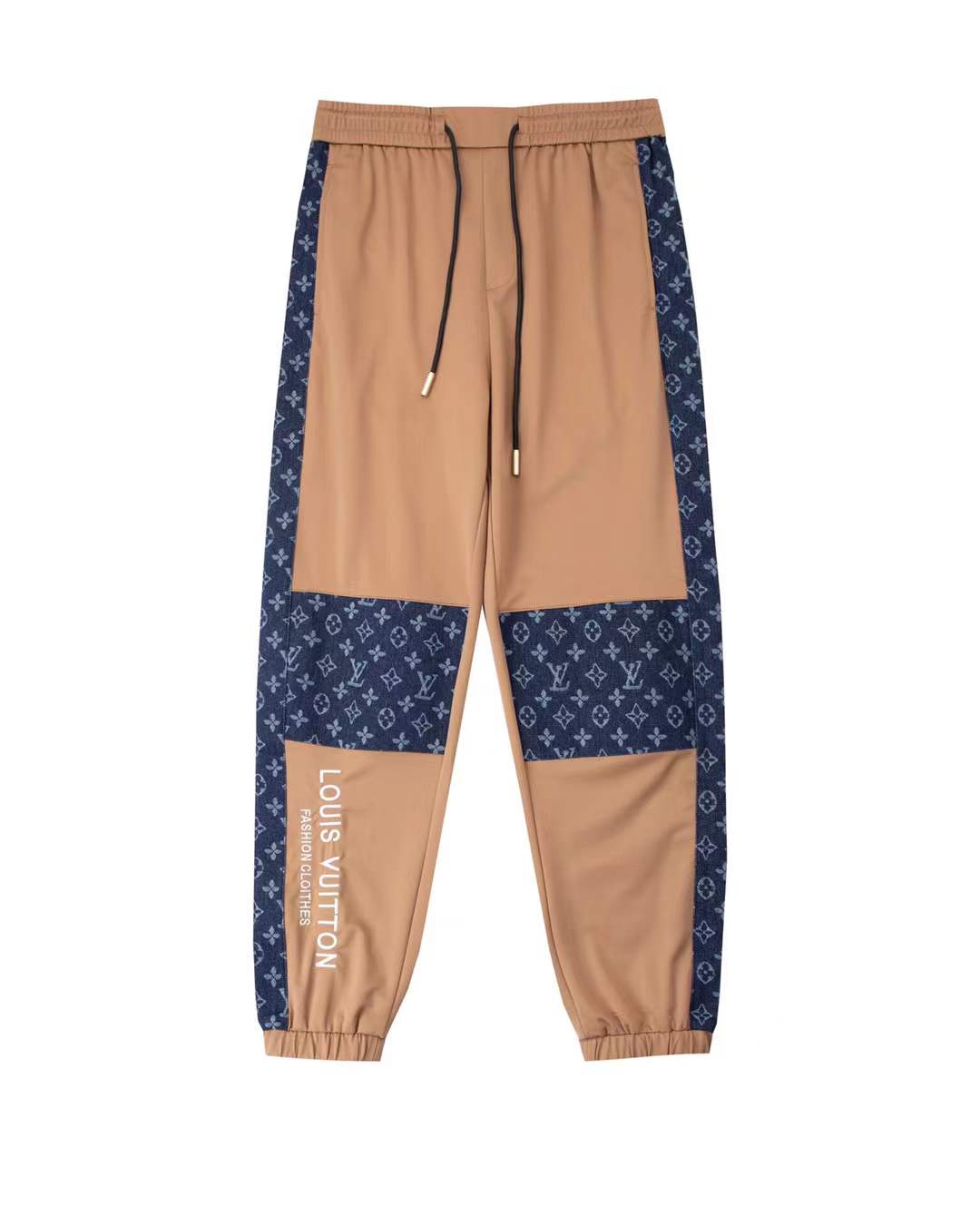LV tan and navy monogram pattern jogger pants
