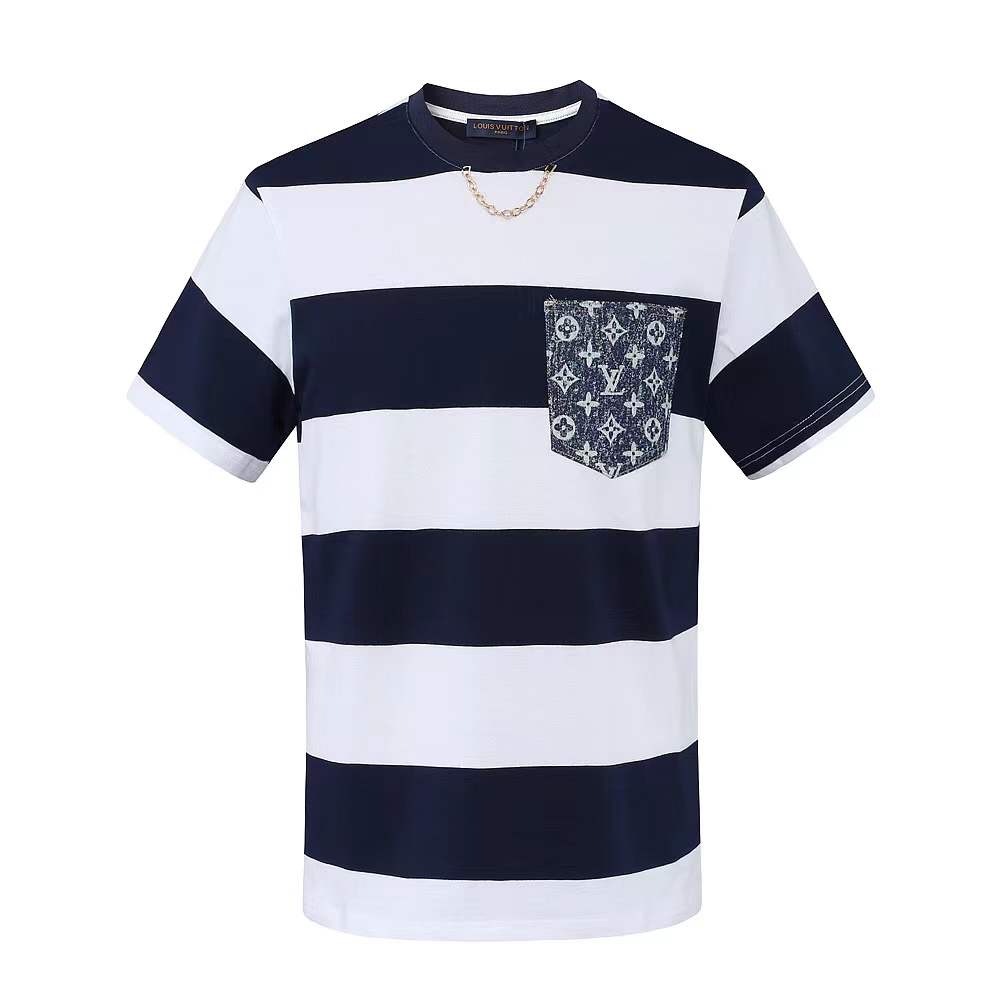 LV Striped Monogram Pocket T-Shirt in navy blue and white cotton jersey