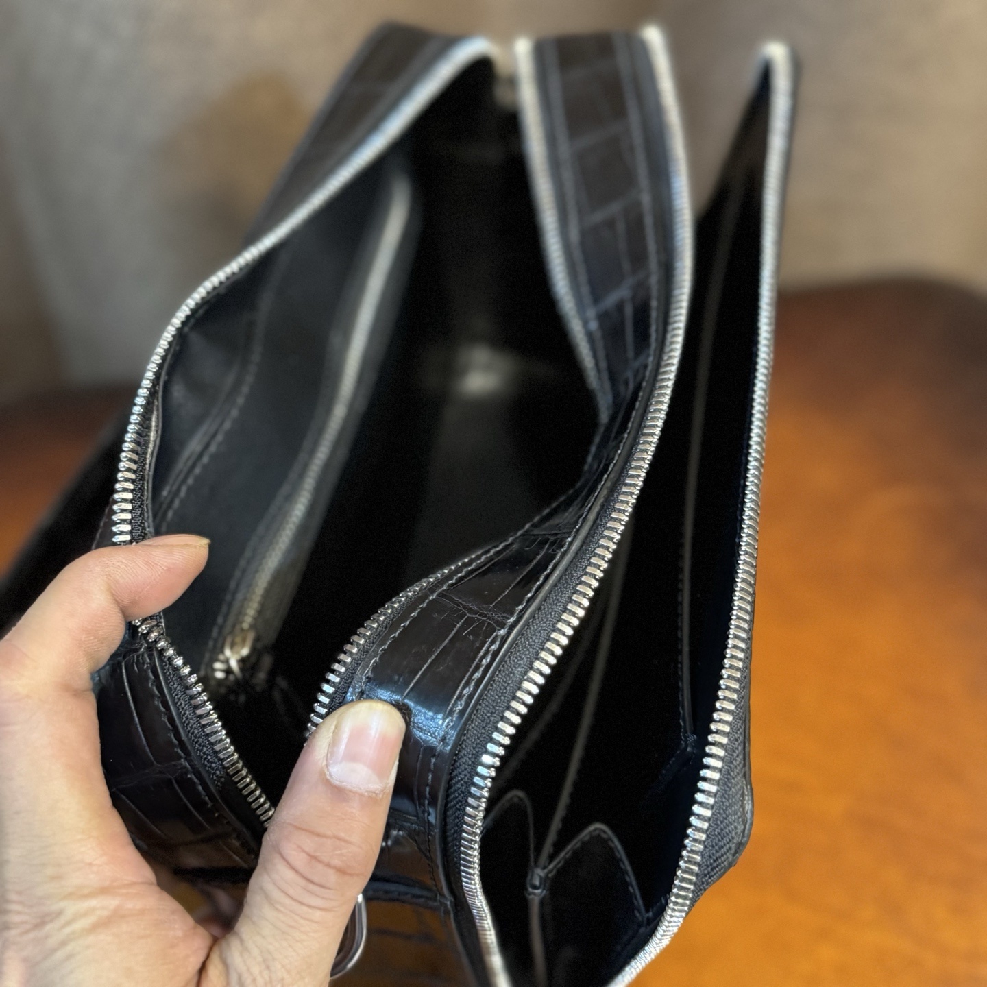 black crocodile or alligator leather zip-around clutch or large wallet