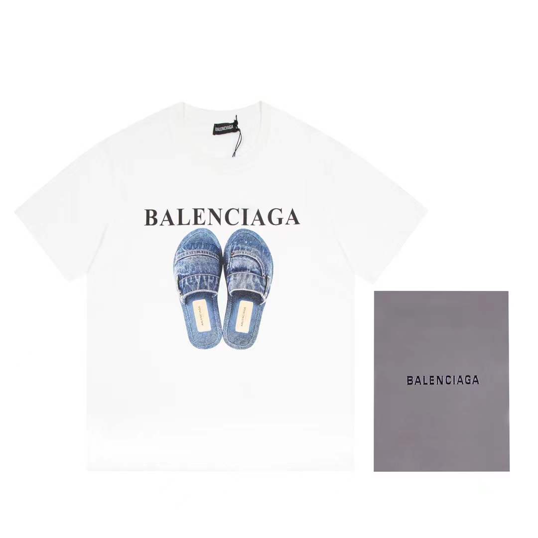 Balenciaga T-shirt with denim slipper graphic print.